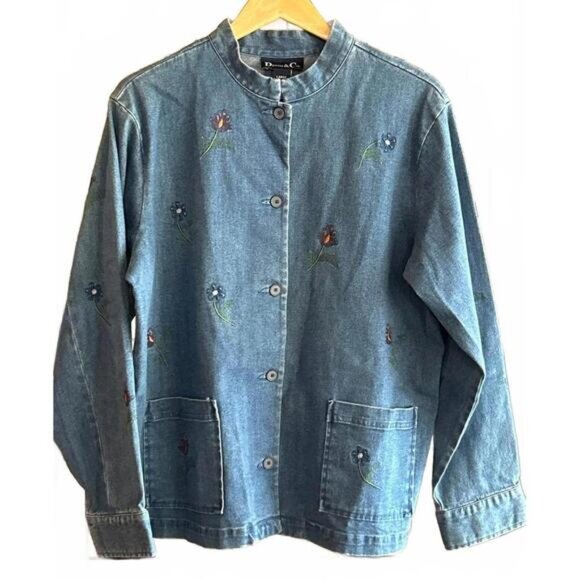 Jackets & Blazers - Denim & Co Womens Denim Jacket Size L Button Up Embroidered Flowers Boho